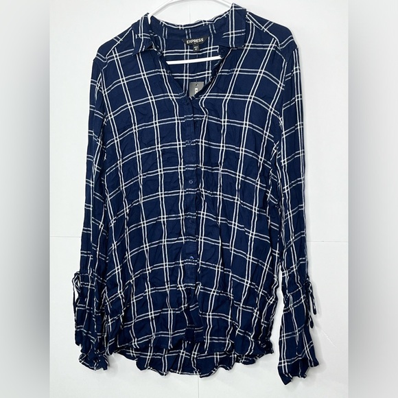 Express Tops - Express Women's Blue and White Plaid Lightweight Rayon Flannel Shirt. Size Large